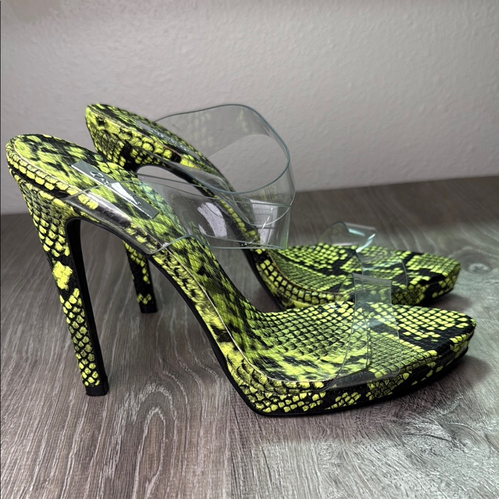 Qupid Yellow and Black Heels with Clear Straps